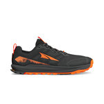 The Altra Men's Lone Peak 9+ Trail Runners, featuring Altra EGO™ cushioning, offer a striking black and orange design with orange accents, black laces, and a printed side. Perfect for rugged terrains with their Vibram® Megagrip sole ensuring superior traction on any trail.