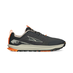 The Altra Men's Lone Peak 9+ Trail Runners feature dark green and black uppers with orange accents, a rugged Vibram Megagrip sole, and the Altra logo on the side, shown in a left side profile view.