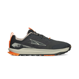 The Altra Men's Lone Peak 9+ Trail Runners feature dark green and black uppers with orange accents, a rugged Vibram Megagrip sole, and the Altra logo on the side, shown in a left side profile view.