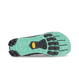 The image displays the sole of an Altra Women's Lone Peak 9+ trail runner, featuring a turquoise and black tread with hexagonal and rectangular patterns. Equipped with Vibram® Megagrip technology, it ensures superior grip on diverse terrains.