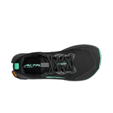 Top view of the Altra Women's Lone Peak 9+ Trail Runners in black, showcasing an Altra EGO™ midsole for superior comfort, mint green accents, and an orange Vibram® Megagrip logo on the heel.