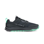 The Altra Women's Lone Peak 9+ Trail Runners are black athletic shoes with green sole accents and black laces, featuring "Altra" on the side. Designed for trail running, they include an Altra EGO™ midsole for enhanced comfort and performance.