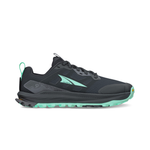 The Altra Women's Lone Peak 9+ Trail Runners feature a black and teal design with a rugged Vibram® Megagrip sole for superior traction. They include an Altra EGO™ midsole for comfort, a side logo, and a stylish teal heel pull tab.