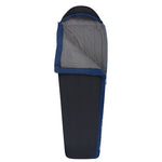 The Sea To Summit Trailhead ATH3 Sleeping Bag features a blue and black exterior with a hood, an open zippered side revealing the gray interior lining, and synthetic insulation. Its compressible and lightweight design makes it perfect for your next adventure.