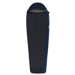 A black and blue mummy-style sleeping bag, the Sea to Summit Trailhead ATH3 Sleeping Bag by Sea To Summit, is shown upright with a partially closed zipper. Featuring a compressible and lightweight design, its synthetic insulation ensures warmth without the bulk.