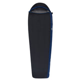 A black and blue mummy-style sleeping bag, the Sea to Summit Trailhead ATH3 Sleeping Bag by Sea To Summit, is shown upright with a partially closed zipper. Featuring a compressible and lightweight design, its synthetic insulation ensures warmth without the bulk.