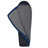 An open Sea to Summit Trailhead ATH3 Sleeping Bag in grey and blue with a partially unzipped front, showcasing its inner lining and synthetic insulation, embodying a compressible and lightweight design.