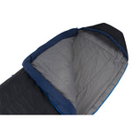 A black and blue Sea to Summit Trailhead ATH3 Sleeping Bag with its top section partially unzipped, revealing a gray interior lining. The compressible and lightweight design features synthetic insulation for optimal warmth.