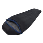 The Sea To Summit Trailhead ATH3 Sleeping Bag features a black and blue mummy-style design with an opened hood, revealing its grey inner lining. It utilizes synthetic insulation and boasts a compressible, lightweight build ideal for trekking adventures.