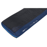 The Sea to Summit Trailhead ATH3 Sleeping Bag by Sea To Summit features a stylish black and blue color scheme with a geometric pattern and branding on the side, offering a compressible and lightweight design combined with advanced synthetic insulation for optimal comfort.