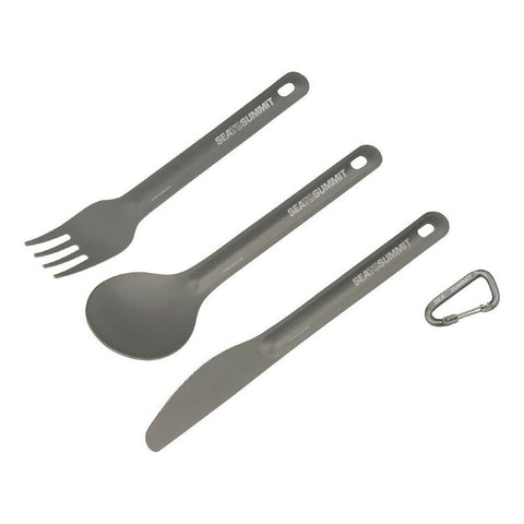 An Sea to Summit Alpha Light 3-Piece Cutlery Set and carabiner are displayed on a white background.