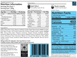 Nutrition facts label detailing serving size, calories, and the nutritional profile for Radix Original 400kCal Breakfasts made from natural fruits, alongside preparation instructions and ingredient list.