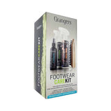 Image of the Grangers Footwear Care Kit packaging, featuring items such as an Odour Eliminator, Footwear Cleaner, waterproofer spray, and brush. This kit by Grangers is designed for complete footwear maintenance.