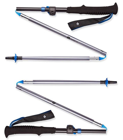 The Black Diamond Distance FLZ Trekking Poles from Black Diamond feature four lightweight, segmented poles with ergonomic grips. They have adjustable length markings, wrist straps, and blue connecting joints. The FlickLock adjustability and collapsible design are enhanced by a foldable shaft for added convenience on your hiking adventures.