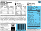 Nutritional label and preparation instructions for Radix Original 400kCal Breakfasts, a ready-to-eat freeze-dried backpacking meal with a chicken and rice flavor, designed to support an active lifestyle.