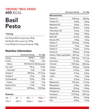 A nutrition label for a 600 kcal serving of Radix Original 600kCal Meals, detailing energy, macronutrient, salt content, and a variety of nutrient values per serving and per 100g.