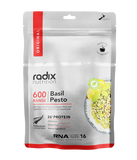 Package of Radix Original 600kCal Meals basil pesto ready-made meal with nutrient values and a clear bowl showing the contents.