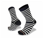 Black and white striped Wilderness Wear Cape to Cape Light Hiker LTD ED. Merino Socks with black cuffs, heels, and toes feature our Secure-Fit-System. Positioned to show both front and back views.