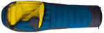 A blue and yellow mummy-style down sleeping bag with its top portion opened to reveal the yellow inner lining. The Mont Brindabella 700 Sleeping Bag, from Mont, features a hood and is crafted from Hydronaute XT fabric, making it perfect for outdoor use.