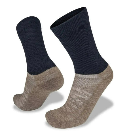 A pair of Wilderness Wear Cape to Cape Relaxed Top Hiker men's hiking socks with dark blue tops and gray bottoms, displayed with one upright and the other tilted to show the full design and Secure-Fit-System.