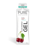 A 50g PURE Fluid Energy Gel Single by Pure Nutrition with cherry juice, cherry-themed packaging, and 30mg caffeine. This natural gel provides fast fuel from carbohydrates and electrolytes.
