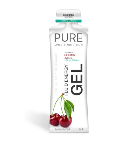 A 50g PURE Fluid Energy Gel Single by Pure Nutrition with cherry juice, cherry-themed packaging, and 30mg caffeine. This natural gel provides fast fuel from carbohydrates and electrolytes.