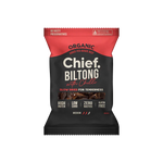 Enjoy Chief Nutrition's Chief Beef & Chilli Biltong made from organic, grass-fed Aussie beef. This 30g pack offers a healthy, gluten-free snack that's high in protein, low in carbs, and free from nasties. Experience medium spice with tender slow air-dried perfection.