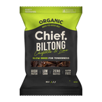 Chief Chipotle & Lime Biltong by Chief Nutrition is a healthy 30g snack featuring organic chipotle and lime, slow air-dried for tenderness. It's high in protein, low in carbs, gluten-free, and contains zero nasties—making it a perfect choice.
