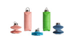 Five DiFold Origami Bottles by Difold, made from plant-based polymer and shown in pink, blue, and green in both expanded and compressed forms against a white background—ideal for zero waste shopping.