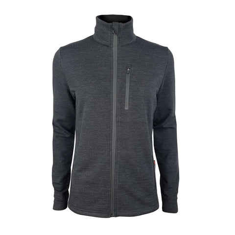 Introducing the 3 Peaks Women's Merino Synthesis Mid—a charcoal gray, long-sleeve zip-up jacket crafted from a blend of Merino wool and bamboo. This stylish jacket from 3 Peaks features a high collar and a zippered chest pocket for secure storage.