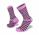 A pair of pink Wilderness Wear Cape to Cape Light Hiker LTD ED. Merino Socks with black horizontal stripes is displayed upright, featuring WildernessWool™ fabric. One sock is standing, and the other is angled to show the sole for a complete view.