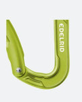 Close-up of the Edelrid Pure Bent II Oasis, a green lightweight carabiner with a solid gate and keylock closure by Edelrid, shown against a plain light background.