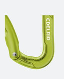 Close-up of the Edelrid Pure Bent II Oasis, a green lightweight carabiner with a solid gate and keylock closure by Edelrid, shown against a plain light background.