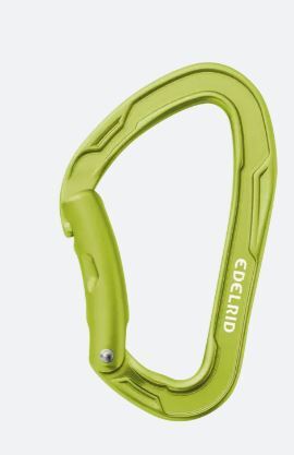 The Edelrid Pure Bent II Oasis carabiner by Edelrid, featuring a solid gate and keylock closure, is displayed against a light gray background.