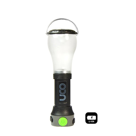 A UCO Pika 3-in-1 Rechargeable Lantern with a clear bulb on top and a black handle featuring a green power button, displayed against a white background.