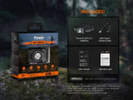 Fenix Lighting HL12R V2.0 SST20 white & 2835 Red LED headlamp packaging includes the lightweight rechargeable headlamp, USB Type-C charging cable, user manual, and warranty card from Fenix Lighting.
