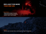 A person uses the Fenix Lighting HL12R V2.0 SST20 white & 2835 Red LED headlamp, featuring 500 lumens and red light mode, to read a map indoors; another red beam glows on a rocky hillside at night, showing its versatile, lightweight design.