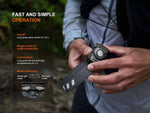 A user adjusts the Fenix Lighting HL12R V2.0 SST20 white & 2835 Red LED headlamp as on-screen text guides through its on/off, output selection, locking, and mode switching features.