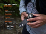A user adjusts the Fenix Lighting HL12R V2.0 SST20 white & 2835 Red LED headlamp as on-screen text guides through its on/off, output selection, locking, and mode switching features.