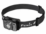 The Fenix Lighting HL12R V2.0, featuring SST20 white and 2835 red LEDs, is a gray and black headlamp with an adjustable elastic strap for hands-free illumination.