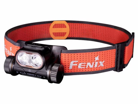 The Fenix Lighting HM65R-T V2.0 headlamp features Luminus SST40 & OSRAM GW PUSTA1.PM LEDs, an orange and black design, adjustable strap, and is rechargeable—ideal for hands-free lighting on any adventure.