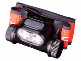 The Fenix Lighting HM65R-T V2.0 is a black and red rechargeable headlamp with Luminus SST40 & OSRAM LEDs, adjustable strap, dual front lights, and side knobs—perfect for hands-free trail running illumination.