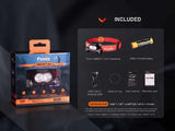 The Fenix Lighting HM65R-T V2.0 Luminus SST40 & OSRAM GW PUSTA1.PM LED headlamp pack includes the rechargeable headlamp, battery, charging cable, spare O-ring, user manual, and warranty card for dependable hands-free lighting.
