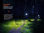 Two people with headlamps walk through a dark forest at night as text highlights the Fenix Lighting HM65R-T V2.0’s 1600 lumens, 170m beam, and rechargeable design—ideal for hands-free lighting on every adventure.
