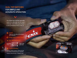 Close-up of hands adjusting the Fenix Lighting HM65R-T V2.0 headlamp, highlighting dual top switches, mode switching, and lockout—ideal hands-free lighting for trail running with Luminus SST40 & OSRAM GW PUSTA1.PM LEDs.