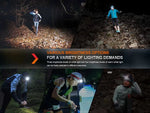 Four people outdoors at night use hands-free lighting with Fenix Lighting HM65R-T V2.0 headlamps, featuring Luminus SST40 & OSRAM LEDs and different brightness levels; text overlay showcases Fenix Lighting’s rechargeable headlamp options.