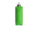 The Difold DiFold Origami Bottle is a green, collapsible water bottle made from plant-based polymer, featuring a geometric design, metal cap, and carrying loop—ideal for zero waste shopping. Shown both expanded and compressed.