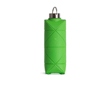 The Difold DiFold Origami Bottle is a green, collapsible water bottle made from plant-based polymer, featuring a geometric design, metal cap, and carrying loop—ideal for zero waste shopping. Shown both expanded and compressed.