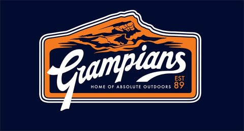 Logo of Absolute Outdoors, labeled "home of Grampians Frontier," featuring a mountain silhouette with Grampians Frontier logo patches, established in 1989, on a navy blue background.