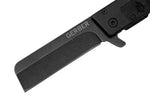 Close-up of the Gerber Quadrant Bamboo Clip Folding Knife by Gerber, featuring a straight-edged blade, bamboo handle scales, and a finger flipper for easy one-handed use.